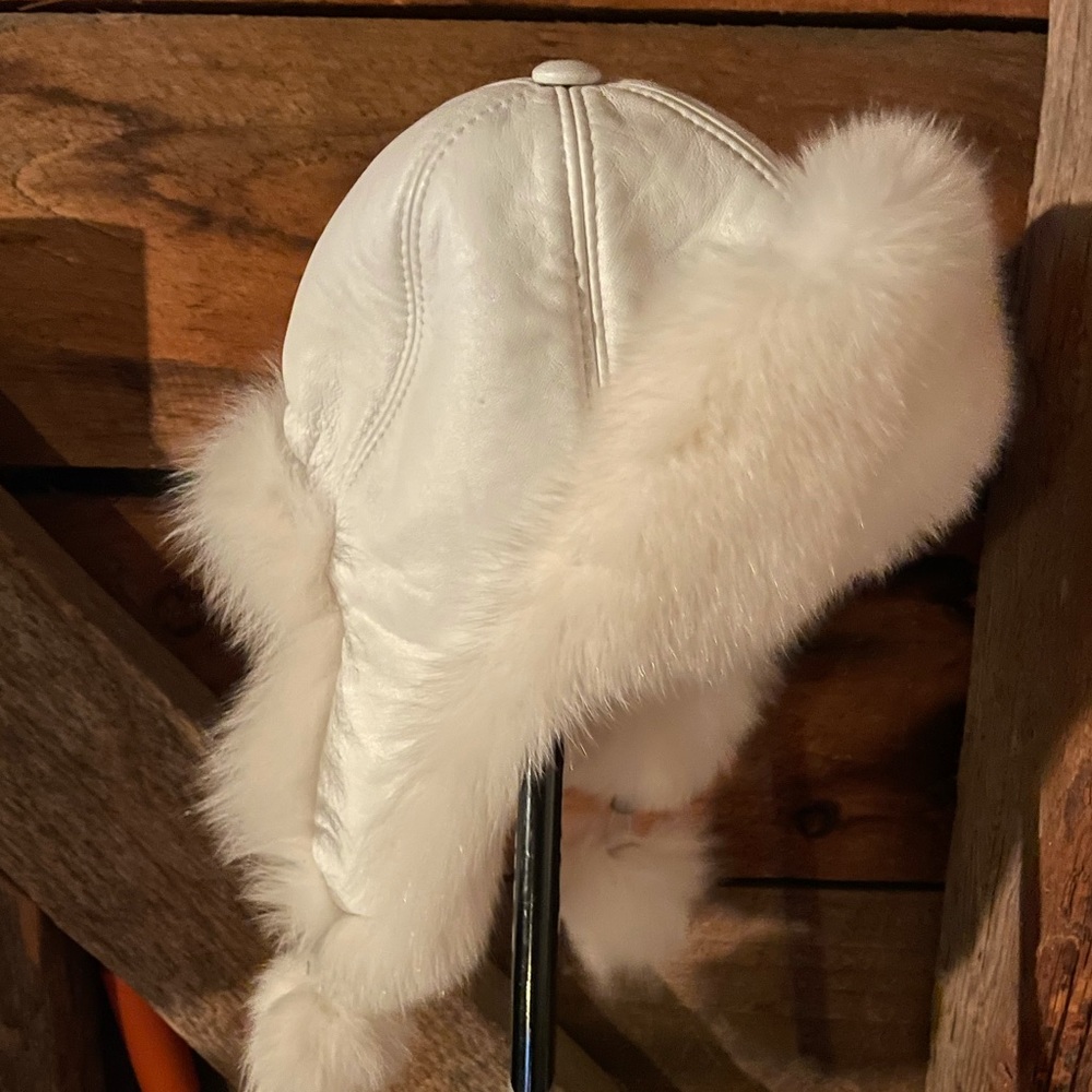 White Leather rabbit fur lined bomber hat from Prague! -never worn, AUTHENTIC!